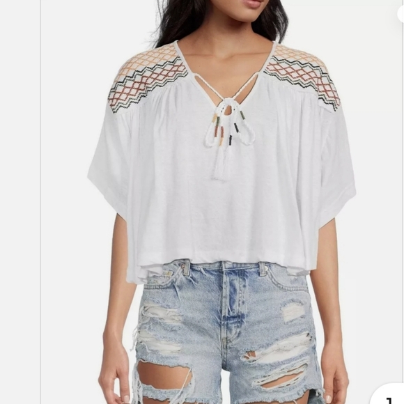 Free People Market Embroidered V Neck Tie Front Top White Oversized Medium - Picture 2 of 10